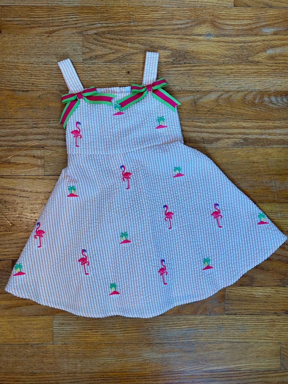 Flamingo Seersucker Dress with Bows Peach Striped Sundress Pink Green Palm Trees